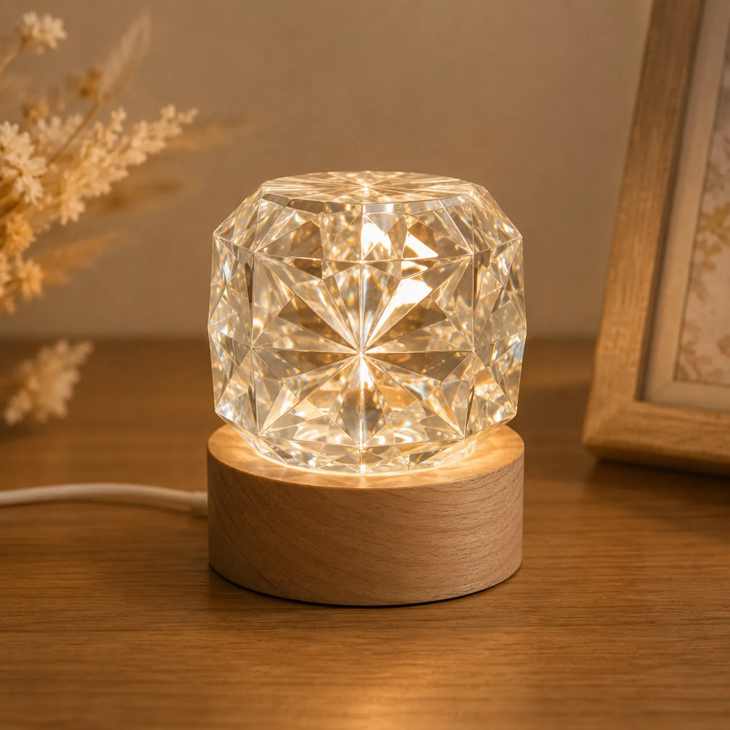 Lampada da Tavolo LED in Cristallo con Base in Legno