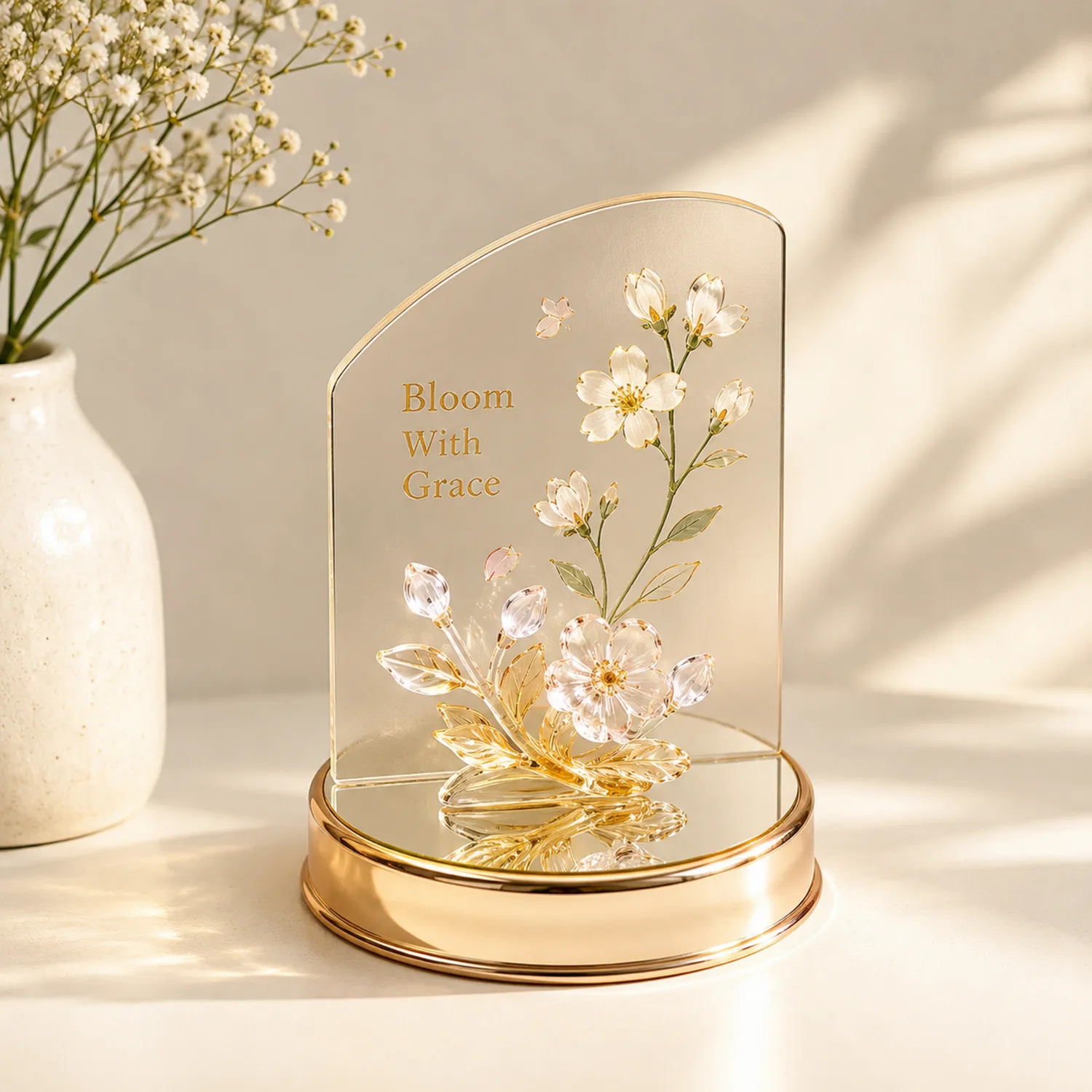 Ornamento Decorativo Floreale con Cristallo e Base Oro