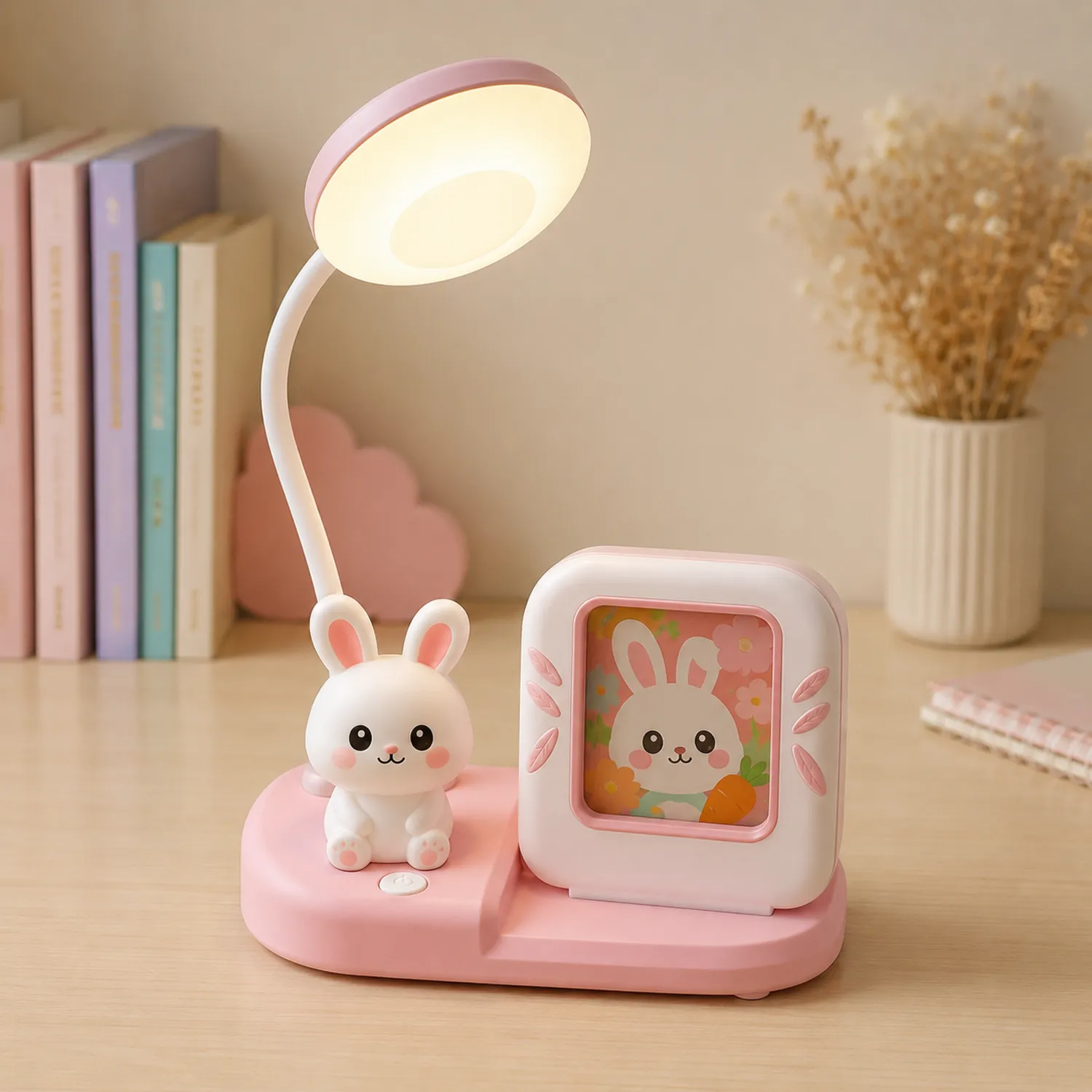 Lampada da Tavolo LED Rosa con Coniglietto e Cornice per Bambini