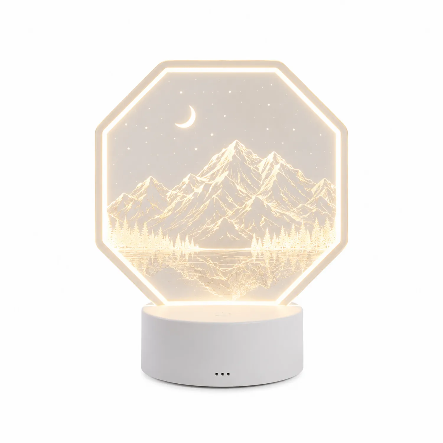 Lampada da Tavolo LED Ottagonale Bianca con Paesaggio Montano