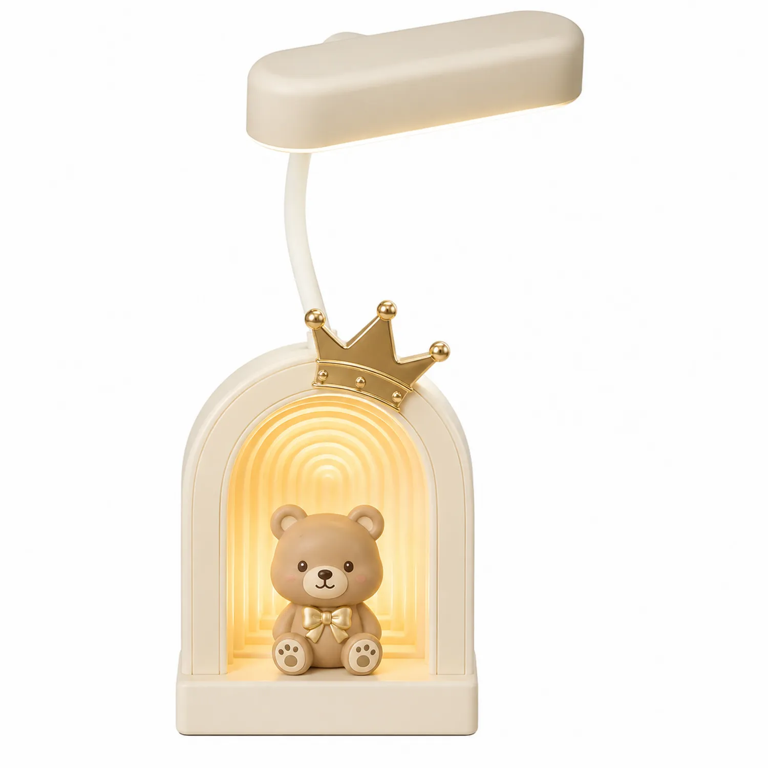 Lampada da tavolo LED a forma di orsetto con corona in crema e oro