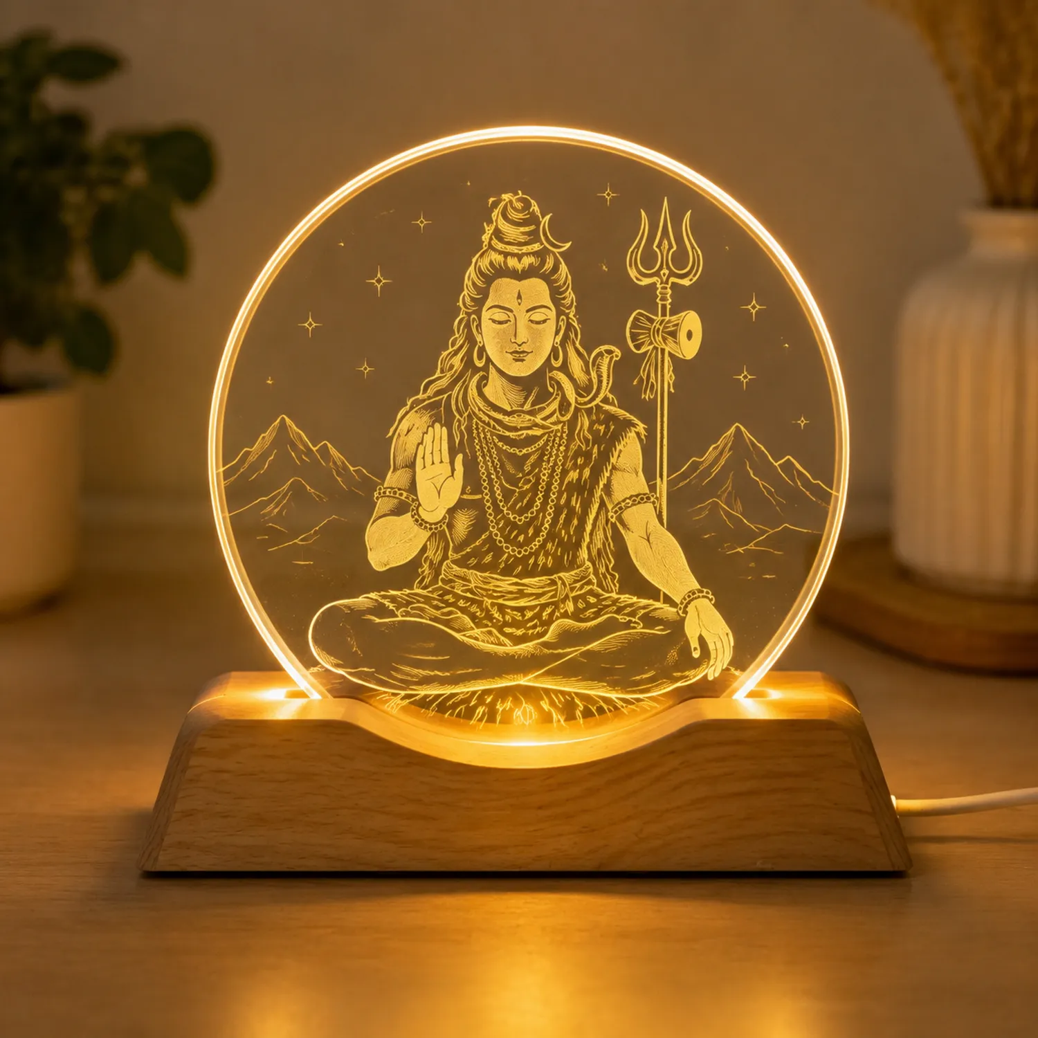 Lampada LED con Design Spirituale su Base in Legno