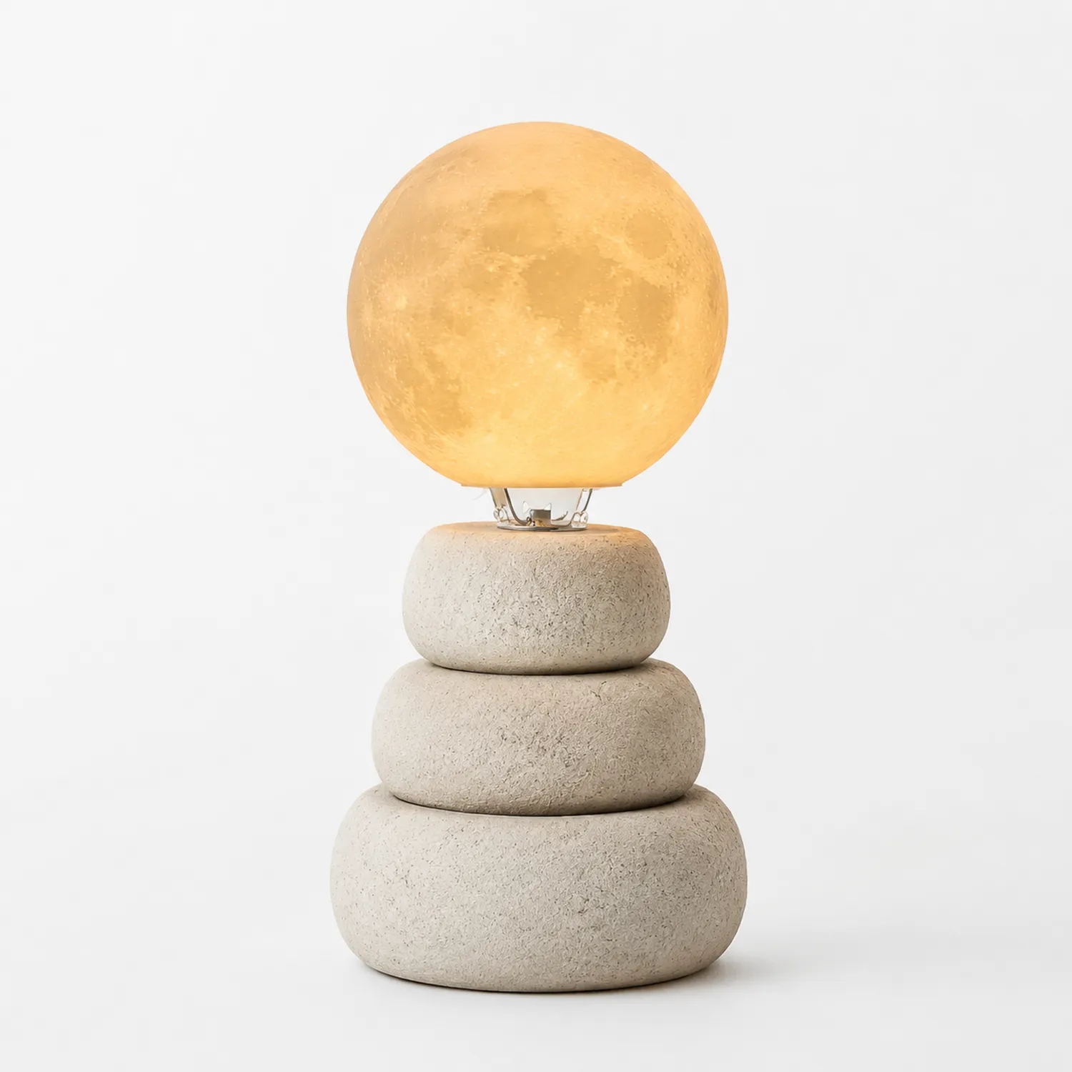 Lampada da Tavolo con Globo Lunare e Base in Pietra Grigia e Beige