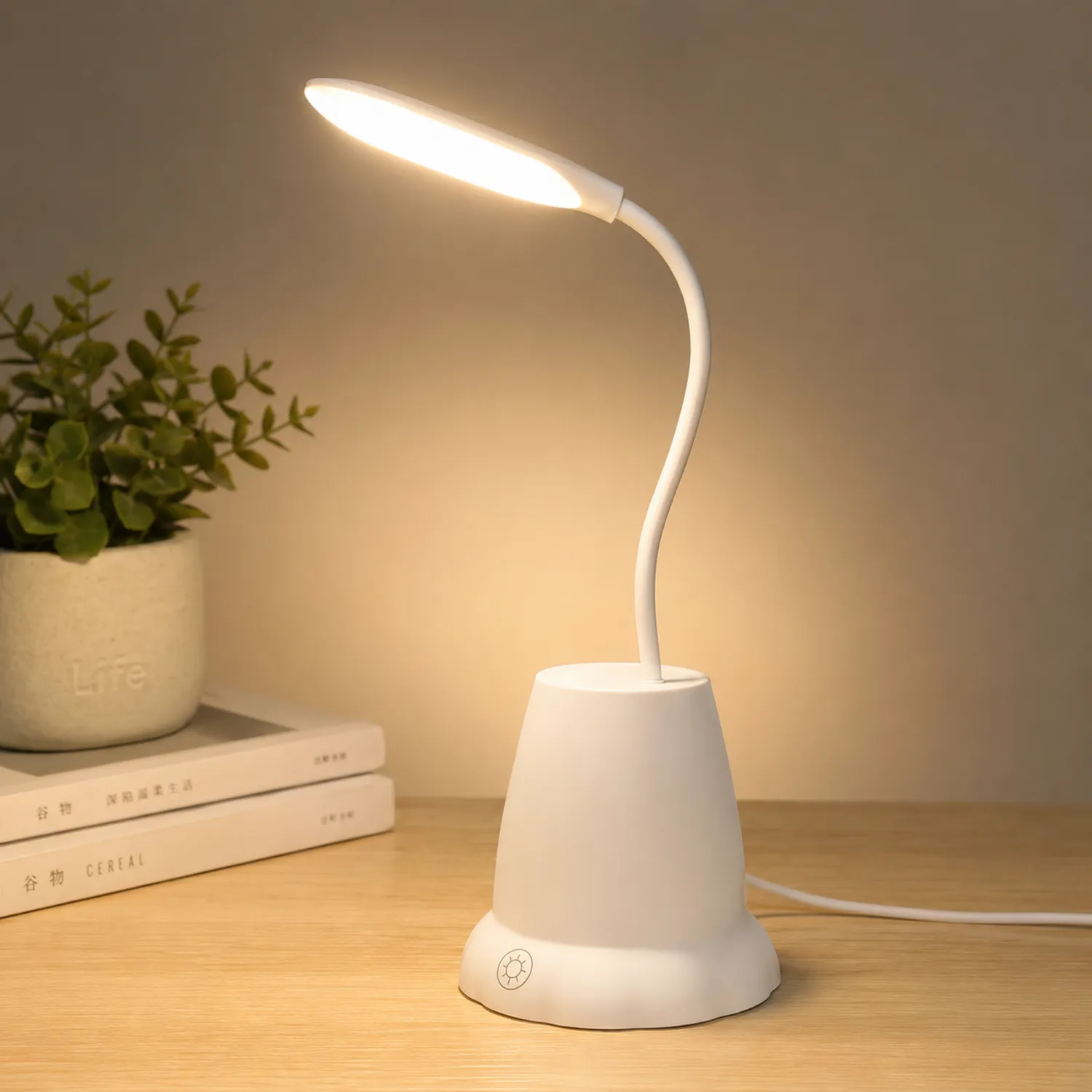Lampada da tavolo LED bianca con luminosità regolabile e collo flessibile
