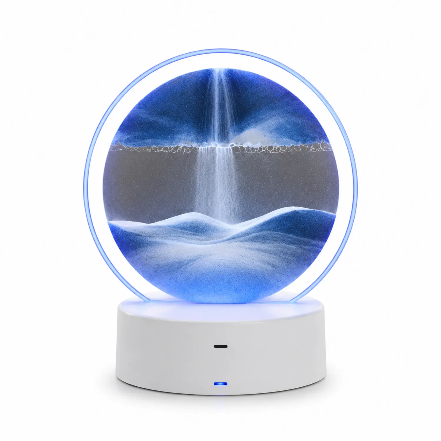 Lampada LED rotonda con sabbia blu e bianca in movimento