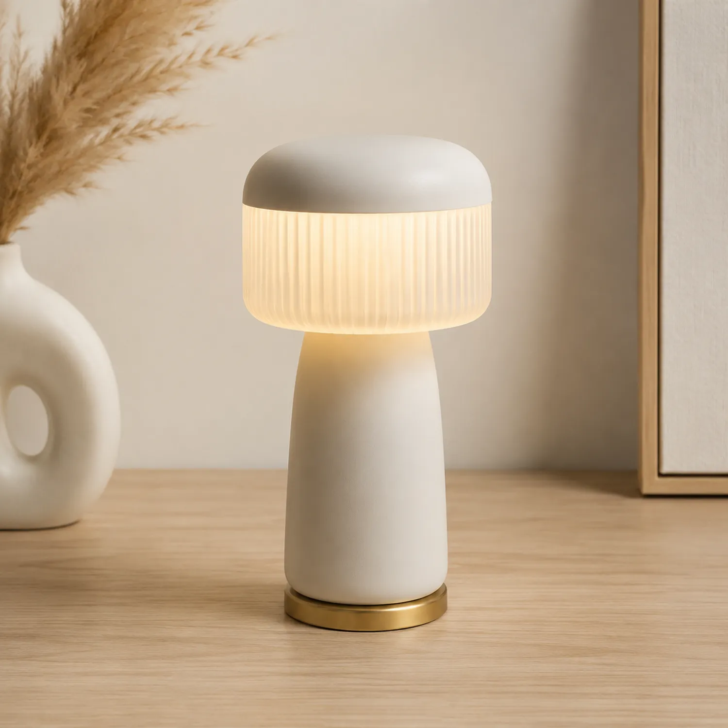 Lampada da Tavolo LED Moderna in Ceramica Bianca con Base Dorata