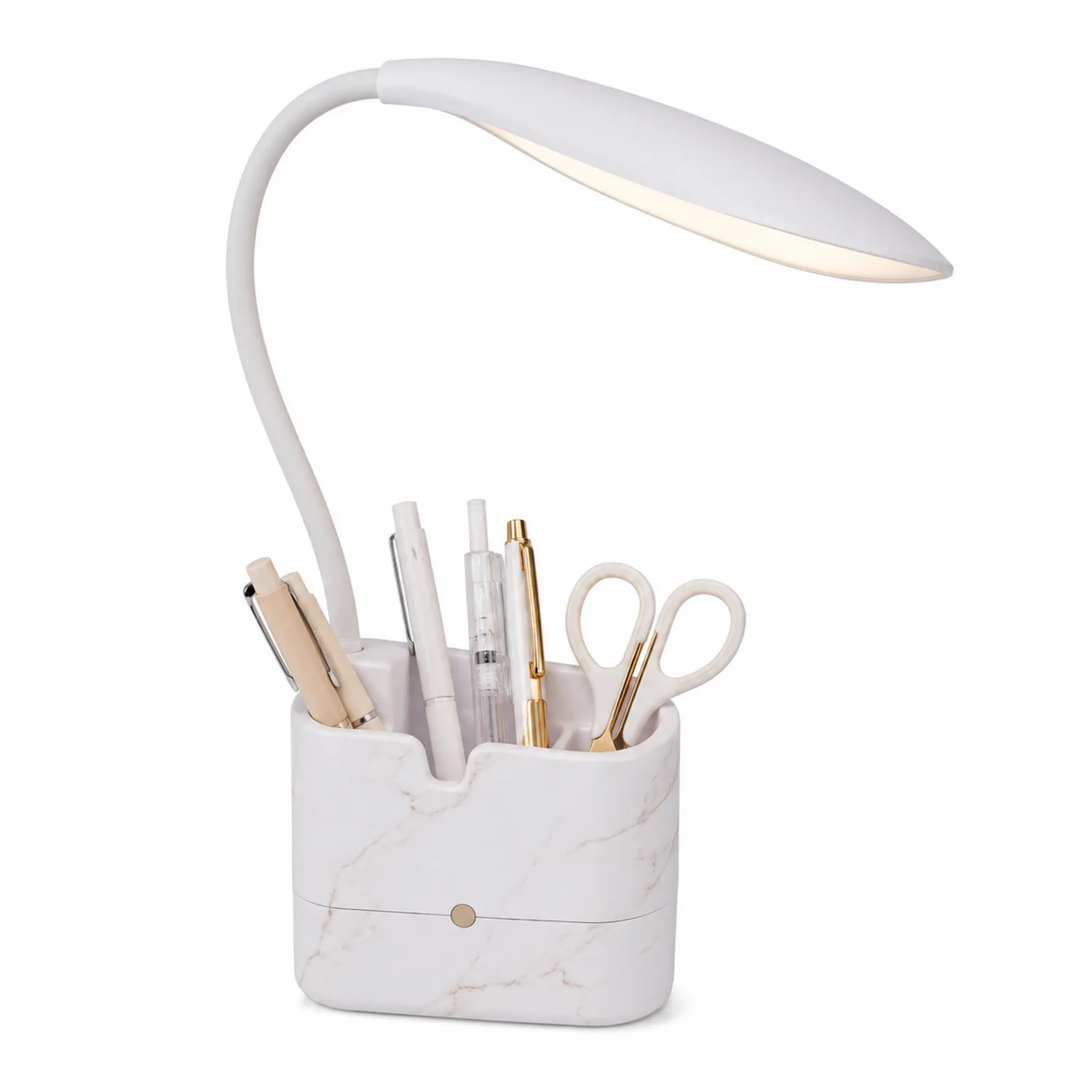 Lampada da Tavolo LED con Portapenne e Collo Flessibile Marmo Bianco