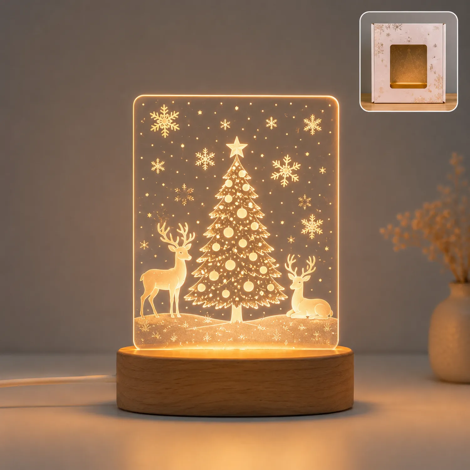 Lampada Natalizia LED Decorativa con Albero di Natale e Renne - Luce Calda