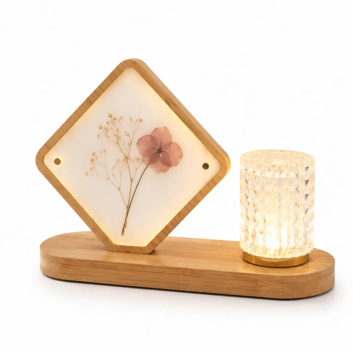 Lampada Decorativa LED con Pannello Floreale e Base in Legno