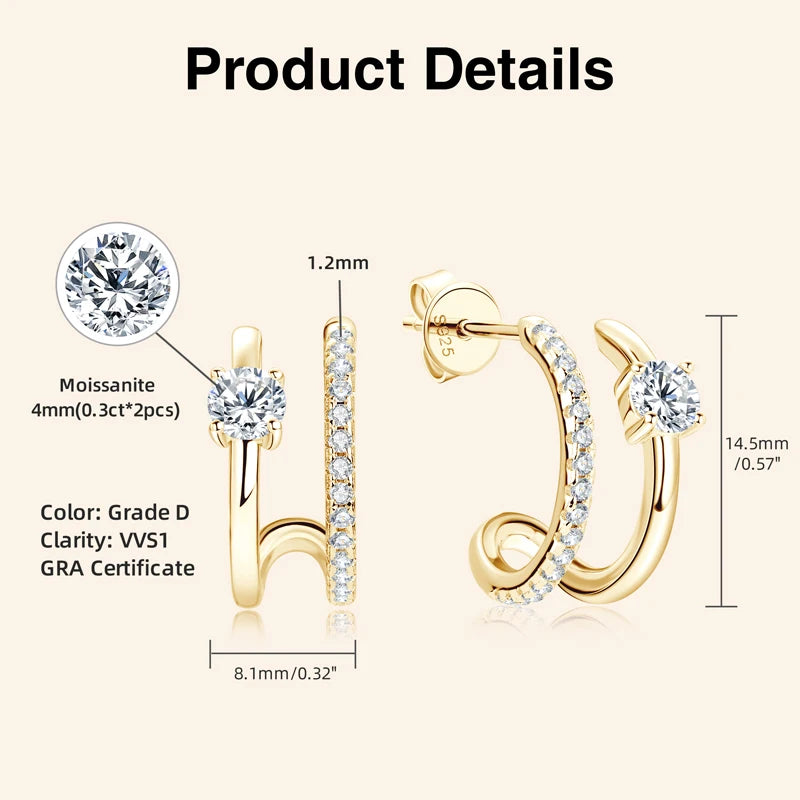 Anziw NEW 4mm Moissanite Piercing Stud Ear Cuffs 925 Sterling Silver Double-losil