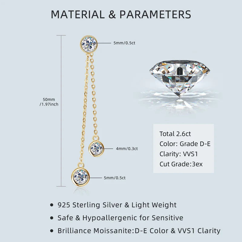 Anziw All Moissanite Drop Earrings Detachable Double Chain Hanging Stud Earring Silver-losil
