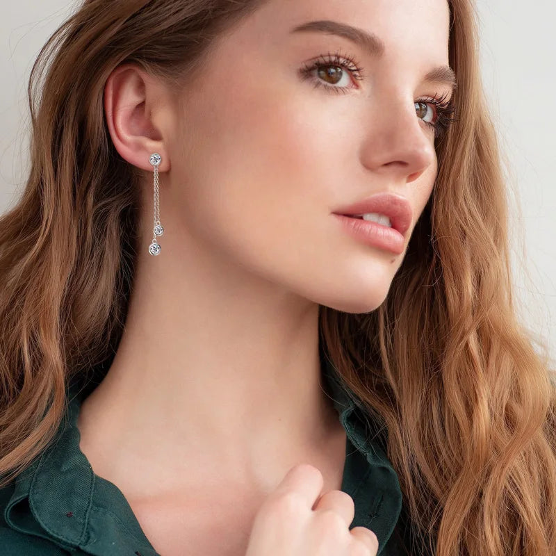 Anziw All Moissanite Drop Earrings Detachable Double Chain Hanging Stud Earring Silver-losil