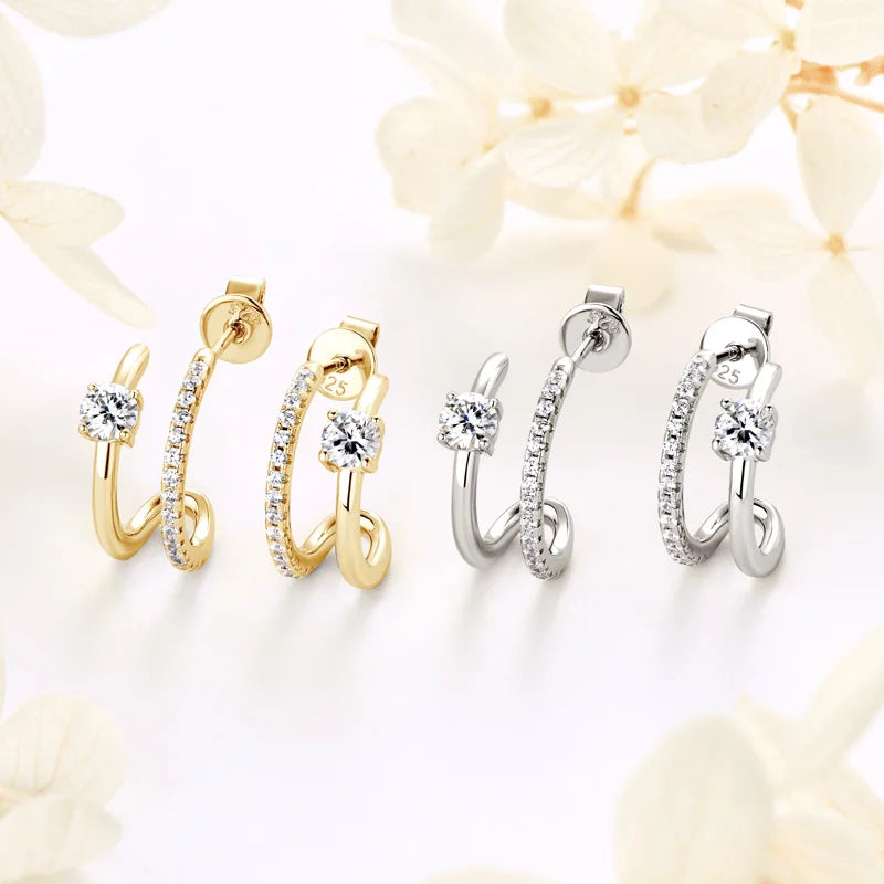 Anziw NEW 4mm Moissanite Piercing Stud Ear Cuffs 925 Sterling Silver Double-losil