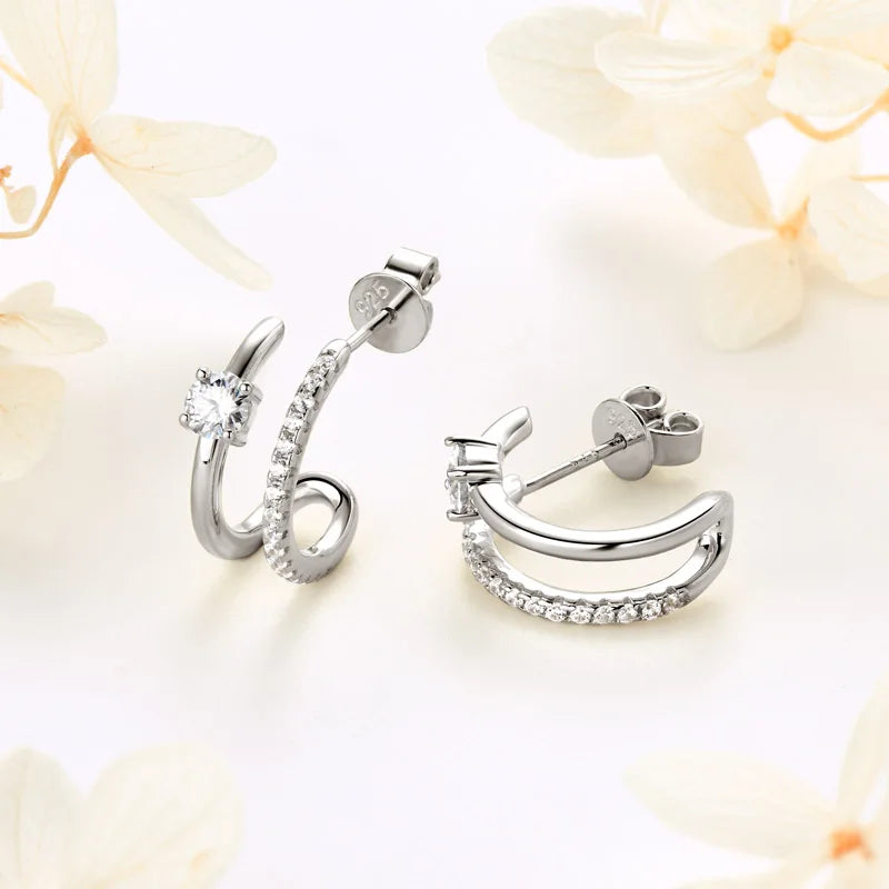 Anziw NEW 4mm Moissanite Piercing Stud Ear Cuffs 925 Sterling Silver Double-losil