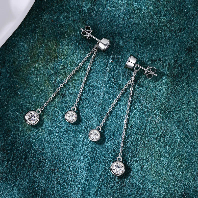 Anziw All Moissanite Drop Earrings Detachable Double Chain Hanging Stud Earring Silver-losil
