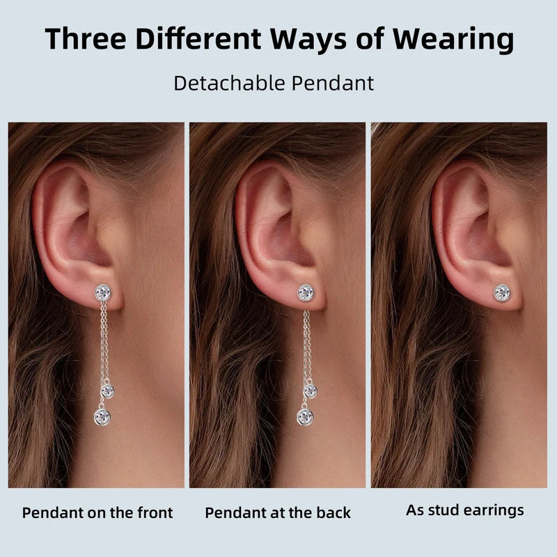 Anziw All Moissanite Drop Earrings Detachable Double Chain Hanging Stud Earring Silver-losil