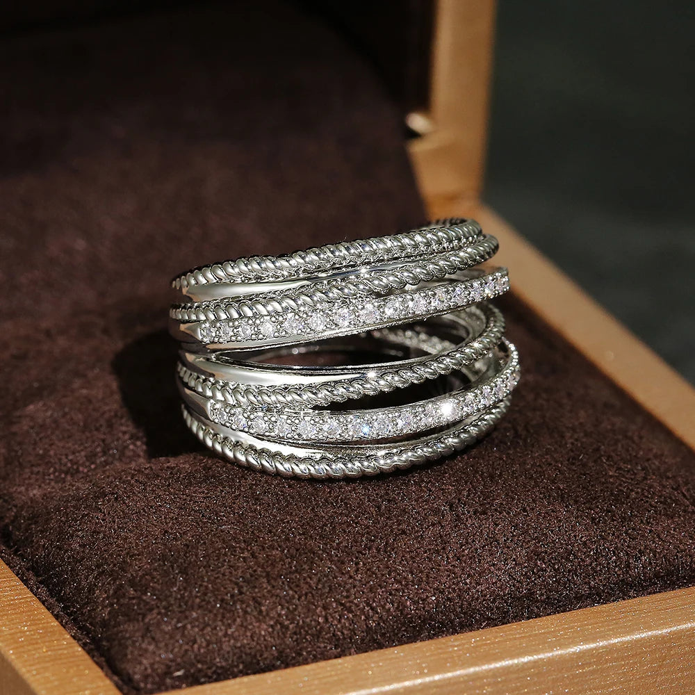 Huitan Luxury Cross Bridal Marriage Rings Special-interested Dazzling Crystal CZ Stone Simple-losil