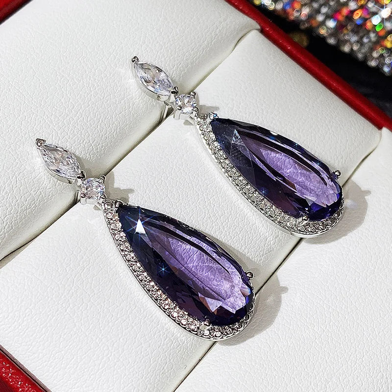 Huitan Big Teardrop Purple CZ Stone Drop Earrings High Quality Silver Color-losil