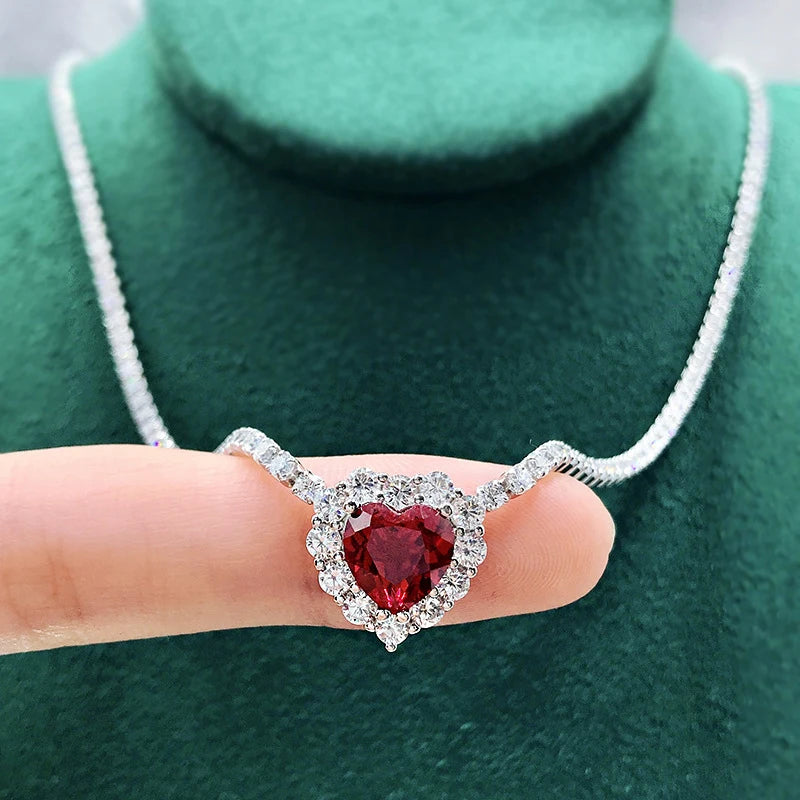 OEVAS 100% 925 Sterling Silver 8*8mm Heart Ruby High Carbon Diamond Pendant-losil