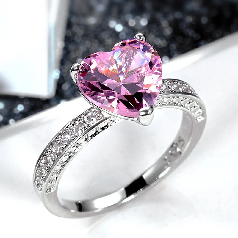 Huitan Luxury Solitaire Women Heart Engagement Rings AAA Pink Cubic Zirconia Proposal-losil