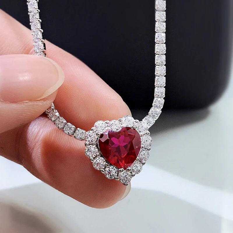OEVAS 100% 925 Sterling Silver 8*8mm Heart Ruby High Carbon Diamond Pendant-losil