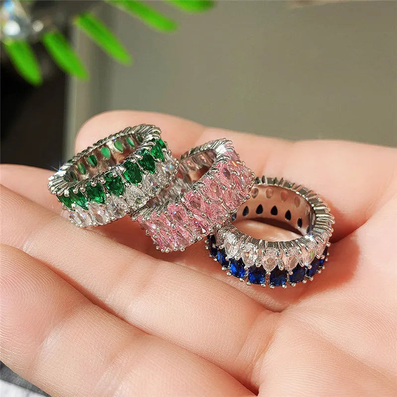 Huitan Fashion Eternity Promise Rings Women Colorful Cubic Zircon Stylish Female Accessories-losil