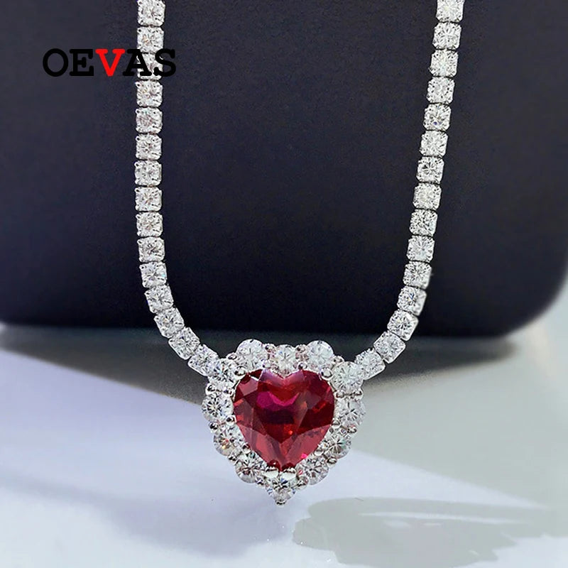 OEVAS 100% 925 Sterling Silver 8*8mm Heart Ruby High Carbon Diamond Pendant-losil