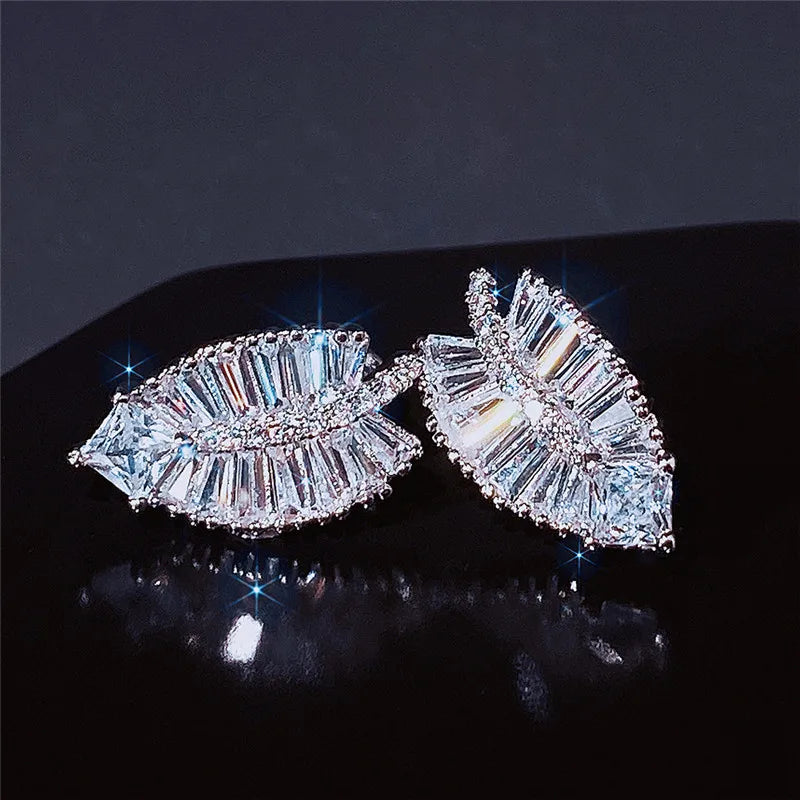 Huitan Fashion Leaves Stud Earrings with Shiny CZ Stone Creative Design Ear-losil