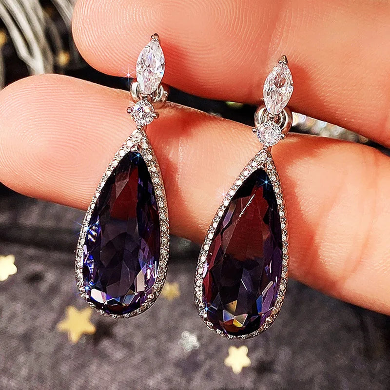 Huitan Big Teardrop Purple CZ Stone Drop Earrings High Quality Silver Color-losil
