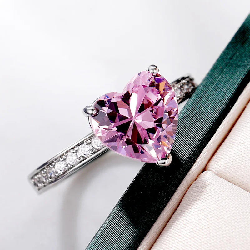Huitan Luxury Solitaire Women Heart Engagement Rings AAA Pink Cubic Zirconia Proposal-losil