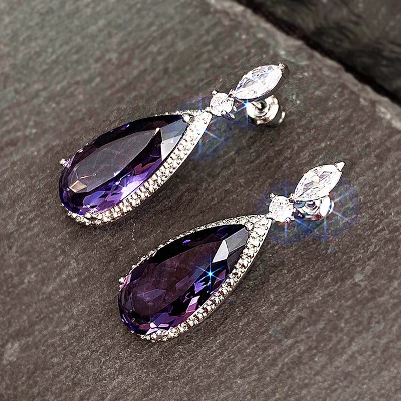 Huitan Big Teardrop Purple CZ Stone Drop Earrings High Quality Silver Color-losil