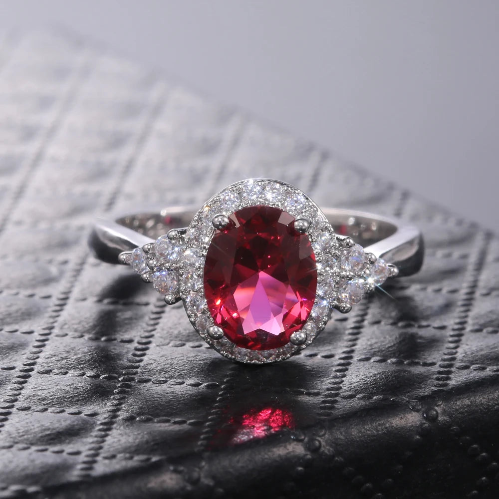 Huitan Dazzling Cubic Zirconia Women Rings Romantic Oval Red Stone Engage Wedding-losil