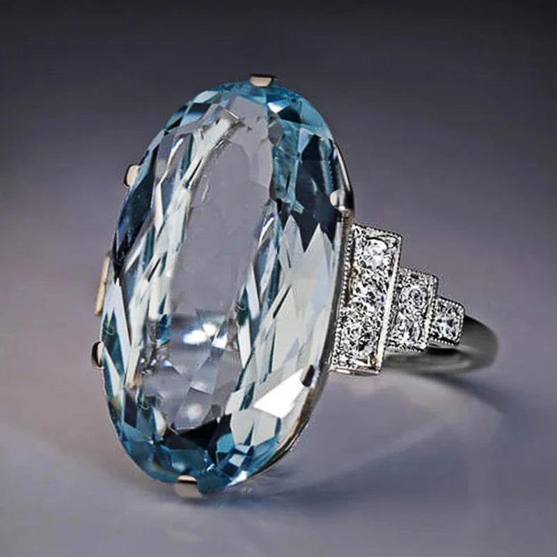 Huitan Big Oval Sky Blue Stone Women Bridal Band Rings Delicate Female-losil