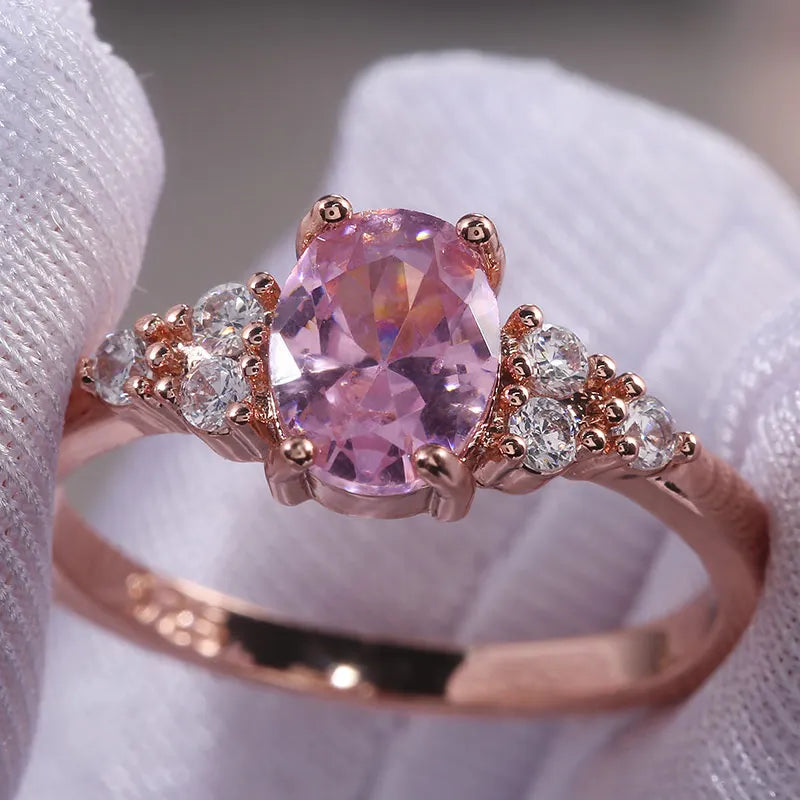 Huitan Romantic Pink AAA Cubic Zircon Stone Princess Rings With Rose Gold-losil