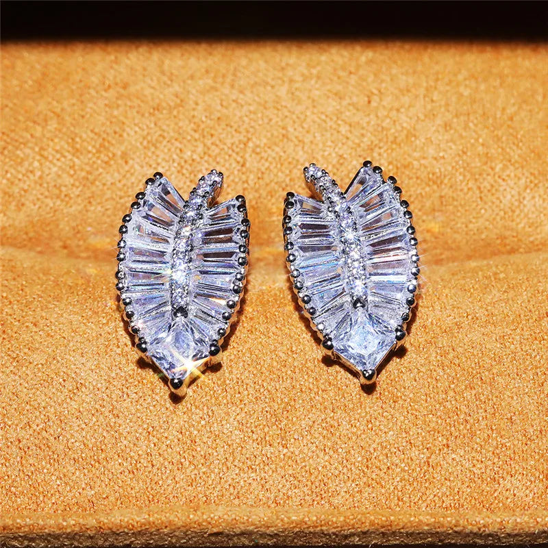 Huitan Fashion Leaves Stud Earrings with Shiny CZ Stone Creative Design Ear-losil