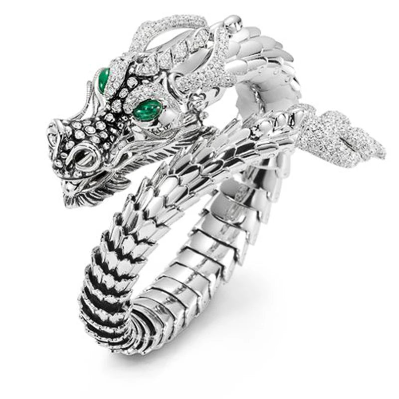 Huitan Whole Dragon Open Ring for Men Green Eyes Heroic Spirit Silver-losil