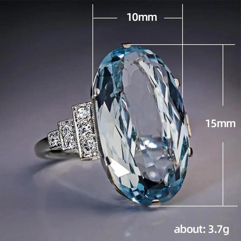 Huitan Big Oval Sky Blue Stone Women Bridal Band Rings Delicate Female-losil