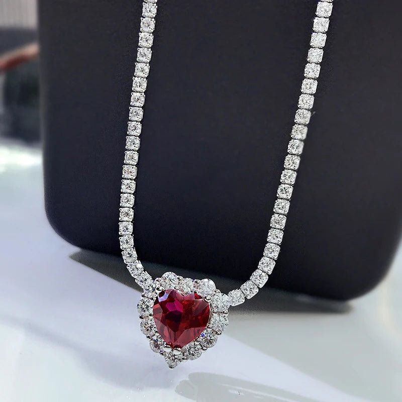 OEVAS 100% 925 Sterling Silver 8*8mm Heart Ruby High Carbon Diamond Pendant-losil