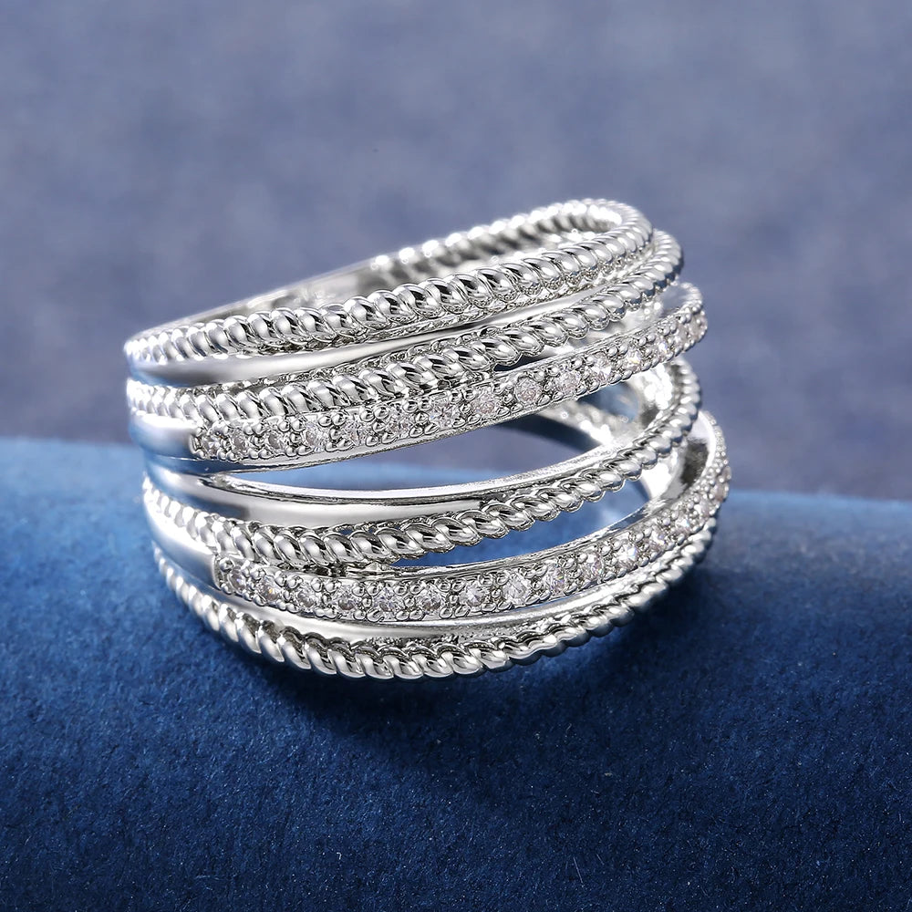 Huitan Luxury Cross Bridal Marriage Rings Special-interested Dazzling Crystal CZ Stone Simple-losil