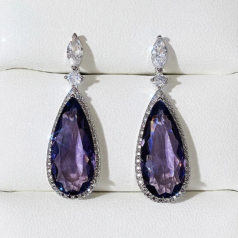 Huitan Big Teardrop Purple CZ Stone Drop Earrings High Quality Silver Color-losil