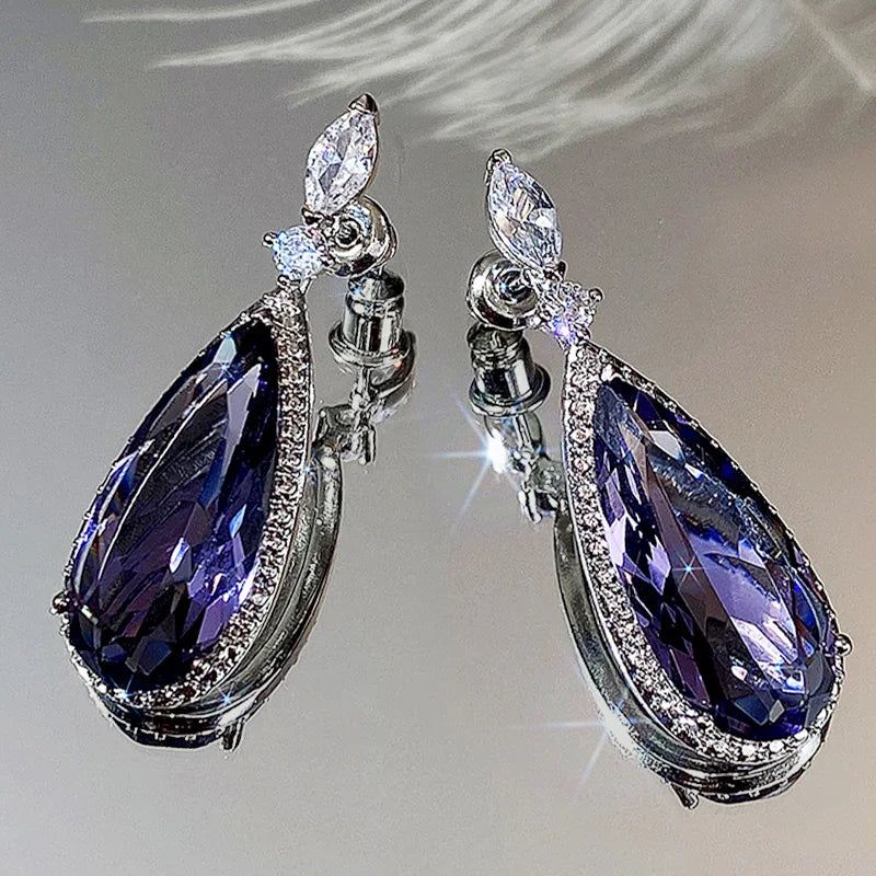 Huitan Big Teardrop Purple CZ Stone Drop Earrings High Quality Silver Color-losil