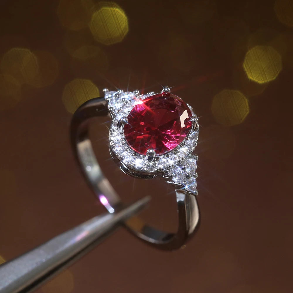 Huitan Dazzling Cubic Zirconia Women Rings Romantic Oval Red Stone Engage Wedding-losil