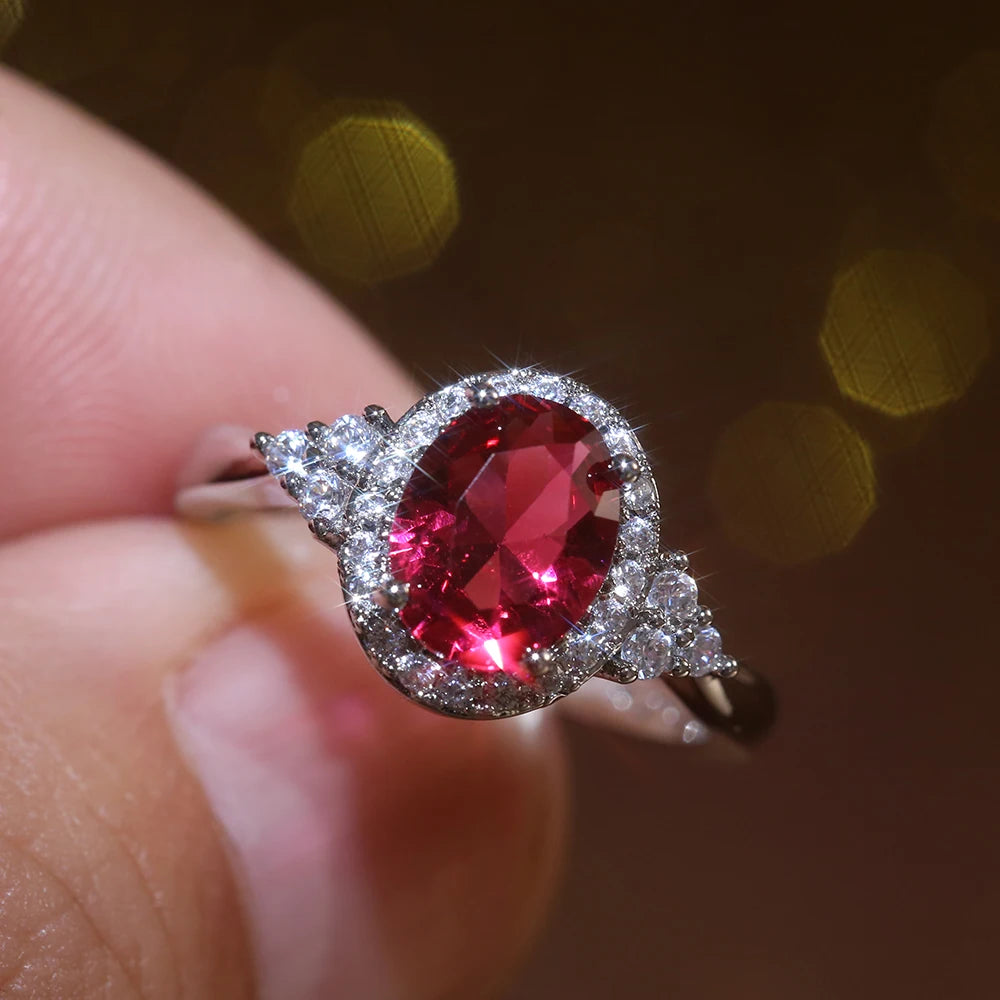 Huitan Dazzling Cubic Zirconia Women Rings Romantic Oval Red Stone Engage Wedding-losil