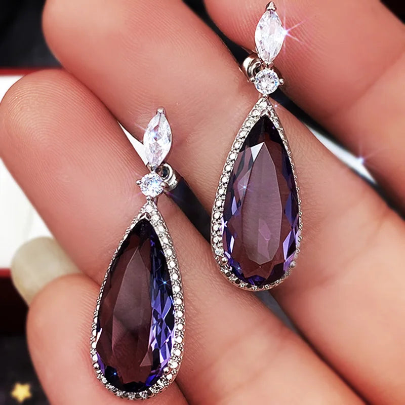 Huitan Big Teardrop Purple CZ Stone Drop Earrings High Quality Silver Color-losil