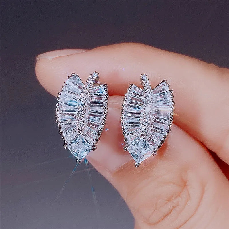 Huitan Fashion Leaves Stud Earrings with Shiny CZ Stone Creative Design Ear-losil