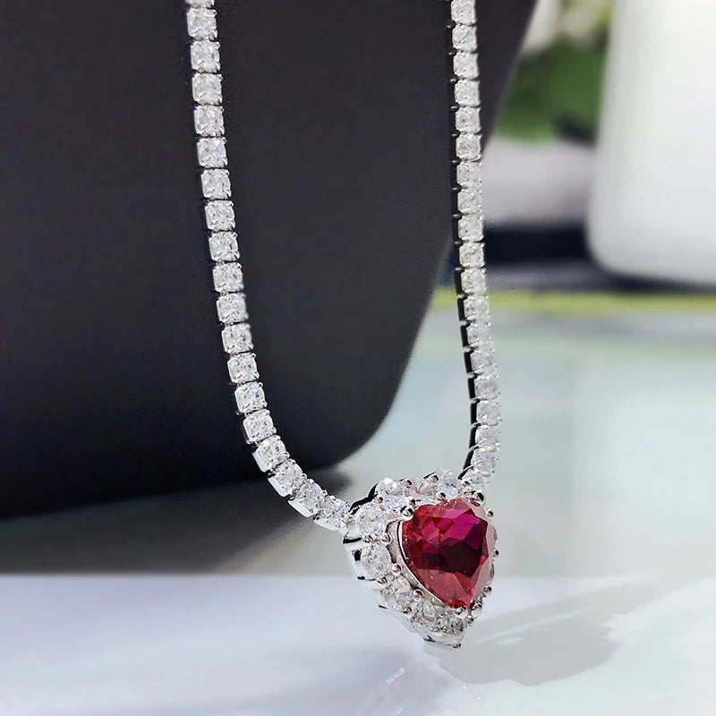 OEVAS 100% 925 Sterling Silver 8*8mm Heart Ruby High Carbon Diamond Pendant-losil