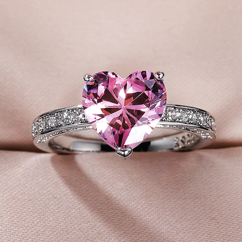 Huitan Luxury Solitaire Women Heart Engagement Rings AAA Pink Cubic Zirconia Proposal-losil