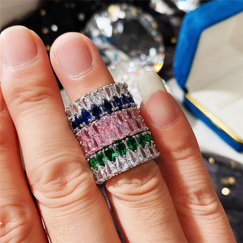 Huitan Fashion Eternity Promise Rings Women Colorful Cubic Zircon Stylish Female Accessories-losil