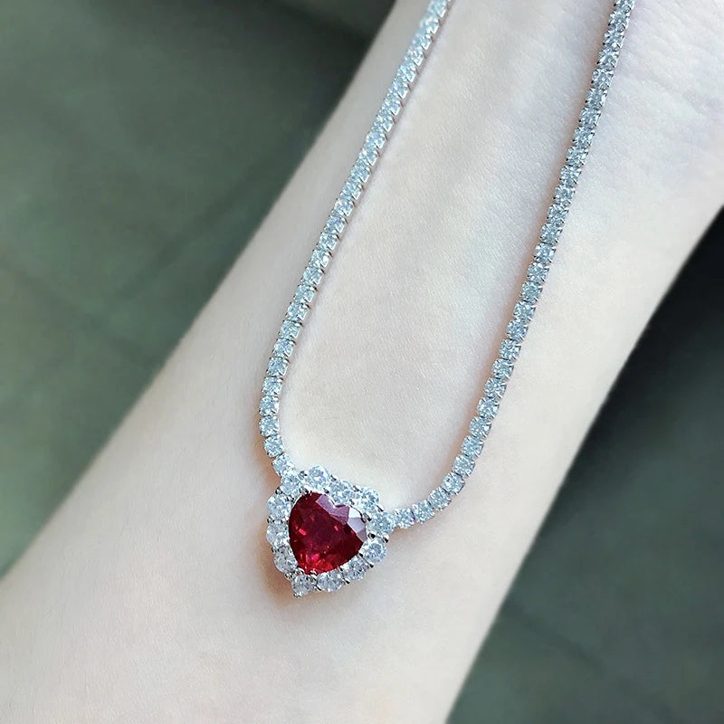 OEVAS 100% 925 Sterling Silver 8*8mm Heart Ruby High Carbon Diamond Pendant-losil