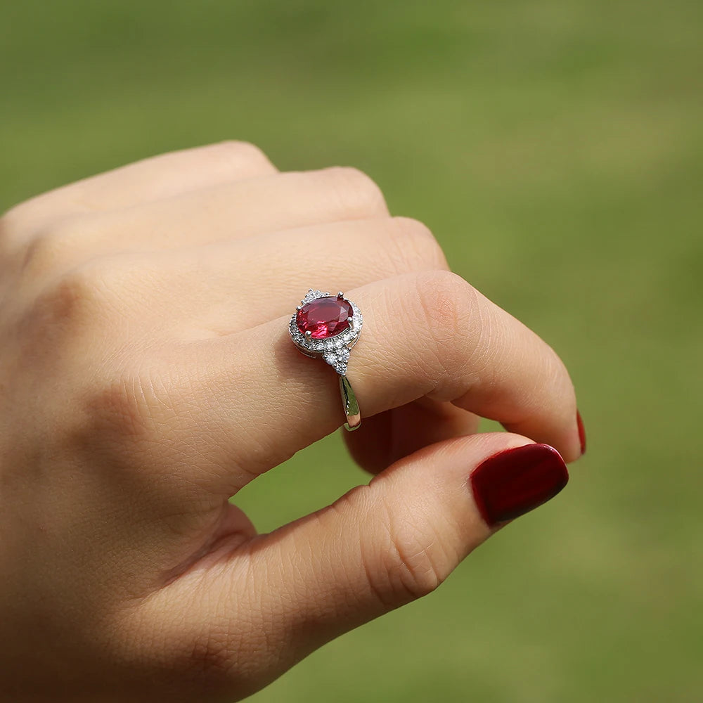 Huitan Dazzling Cubic Zirconia Women Rings Romantic Oval Red Stone Engage Wedding-losil